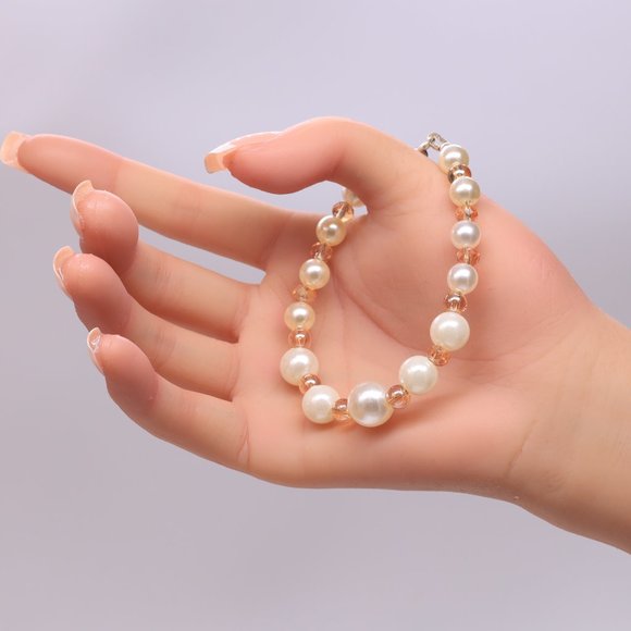 Champagne color necklace 3 piece set with pearls and gold accents. - Picture 5 of 9